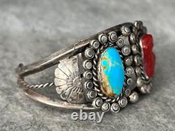 Vintage Native American Navajo Turquoise Coral Sterling silver Cuff Bracelet