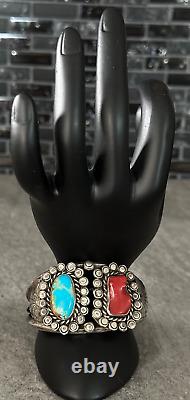 Vintage Native American Navajo Turquoise Coral Sterling silver Cuff Bracelet
