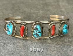 Vintage Native American Navajo Turquoise Coral Sterling silver LARGE Bracelet