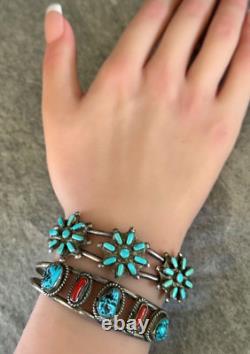 Vintage Native American Navajo Turquoise Coral Sterling silver LARGE Bracelet