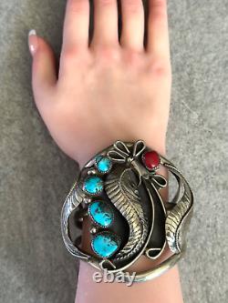 Vintage Native American Navajo Turquoise Coral Sterling silver LARGE Bracelet