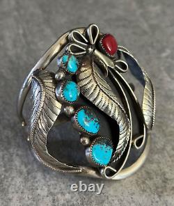 Vintage Native American Navajo Turquoise Coral Sterling silver LARGE Bracelet
