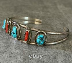 Vintage Native American Navajo Turquoise Coral Sterling silver LARGE Bracelet