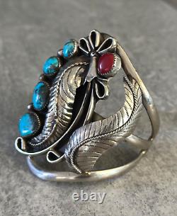Vintage Native American Navajo Turquoise Coral Sterling silver LARGE Bracelet