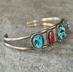 Vintage Native American Navajo Turquoise Coral Sterling silver LARGE Bracelet