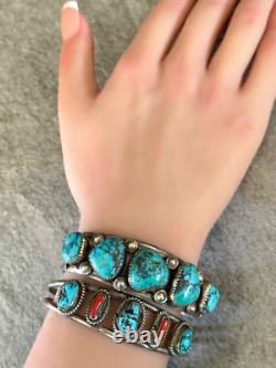 Vintage Native American Navajo Turquoise Coral Sterling silver LARGE Bracelet