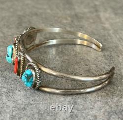 Vintage Native American Navajo Turquoise Coral Sterling silver LARGE Bracelet