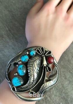 Vintage Native American Navajo Turquoise Coral Sterling silver LARGE Bracelet
