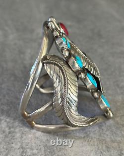 Vintage Native American Navajo Turquoise Coral Sterling silver LARGE Bracelet