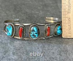 Vintage Native American Navajo Turquoise Coral Sterling silver LARGE Bracelet