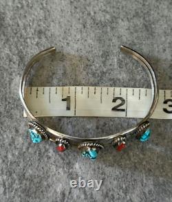Vintage Native American Navajo Turquoise Coral Sterling silver LARGE Bracelet