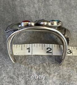 Vintage Native American Navajo Turquoise Coral Sterling silver LARGE Bracelet