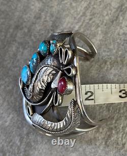 Vintage Native American Navajo Turquoise Coral Sterling silver LARGE Bracelet