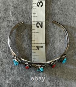 Vintage Native American Navajo Turquoise Coral Sterling silver LARGE Bracelet
