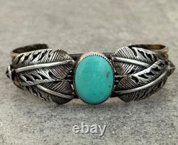 Vintage Native American Navajo Turquoise FEATHERS Sterling Bracelet 6.75 in