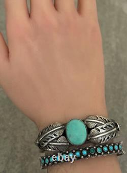 Vintage Native American Navajo Turquoise FEATHERS Sterling Bracelet 6.75 in