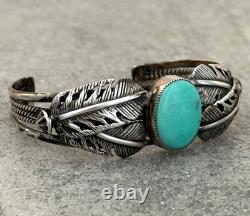 Vintage Native American Navajo Turquoise FEATHERS Sterling Bracelet 6.75 in