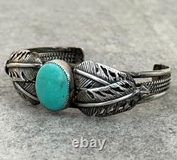 Vintage Native American Navajo Turquoise FEATHERS Sterling Bracelet 6.75 in