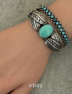 Vintage Native American Navajo Turquoise FEATHERS Sterling Bracelet 6.75 in