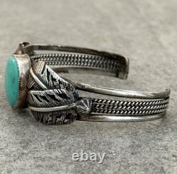 Vintage Native American Navajo Turquoise FEATHERS Sterling Bracelet 6.75 in