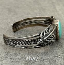 Vintage Native American Navajo Turquoise FEATHERS Sterling Bracelet 6.75 in