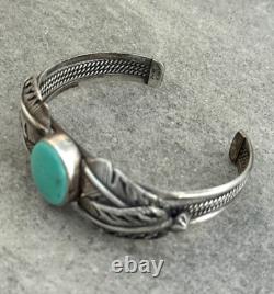 Vintage Native American Navajo Turquoise FEATHERS Sterling Bracelet 6.75 in