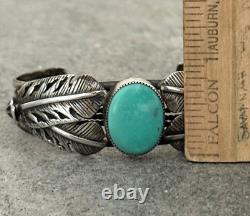 Vintage Native American Navajo Turquoise FEATHERS Sterling Bracelet 6.75 in