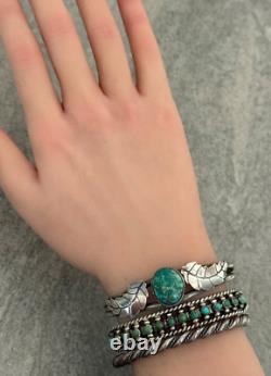 Vintage Native American Navajo Turquoise Feather Sterling silver Cuff Bracelet