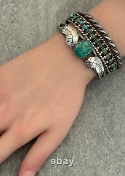 Vintage Native American Navajo Turquoise Feather Sterling silver Cuff Bracelet