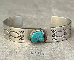 Vintage Native American Navajo Turquoise Hand Stamped THICK Sterling Bracelet