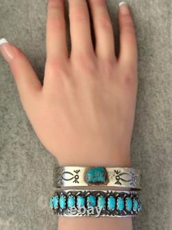 Vintage Native American Navajo Turquoise Hand Stamped THICK Sterling Bracelet
