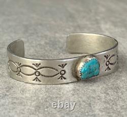 Vintage Native American Navajo Turquoise Hand Stamped THICK Sterling Bracelet
