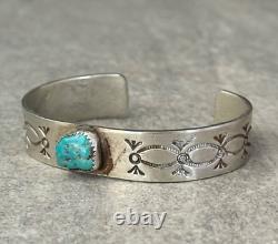 Vintage Native American Navajo Turquoise Hand Stamped THICK Sterling Bracelet