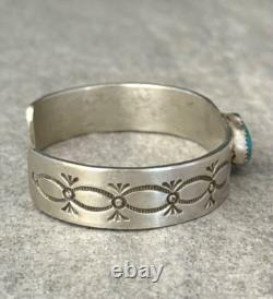 Vintage Native American Navajo Turquoise Hand Stamped THICK Sterling Bracelet