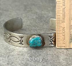 Vintage Native American Navajo Turquoise Hand Stamped THICK Sterling Bracelet