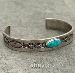 Vintage Native American Navajo Turquoise Ingot Silver Bracelet 7.25 in