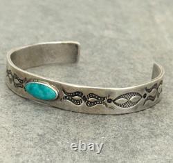 Vintage Native American Navajo Turquoise Ingot Silver Bracelet 7.25 in