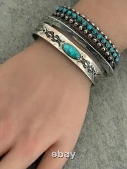 Vintage Native American Navajo Turquoise Ingot Silver Bracelet 7.25 in