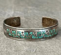Vintage Native American Navajo Turquoise Inlay HAND TOOLED Sterling Bracelet 30g