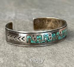 Vintage Native American Navajo Turquoise Inlay HAND TOOLED Sterling Bracelet 30g