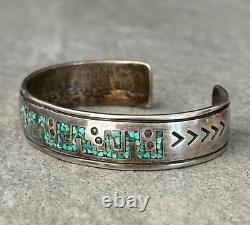 Vintage Native American Navajo Turquoise Inlay HAND TOOLED Sterling Bracelet 30g