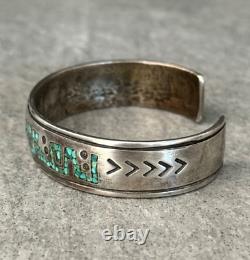 Vintage Native American Navajo Turquoise Inlay HAND TOOLED Sterling Bracelet 30g