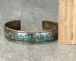 Vintage Native American Navajo Turquoise Inlay HAND TOOLED Sterling Bracelet 30g