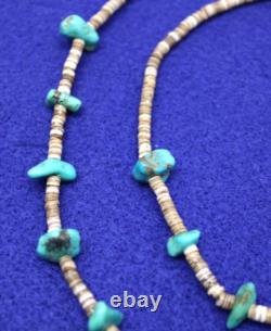 Vintage Native American Navajo Turquoise Nuggets Heishi Beads Shell Necklace 14