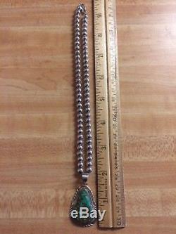 Vintage Native American Navajo Turquoise Pendant & Sterling Silver Bead Necklace