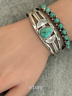 Vintage Native American Navajo Turquoise SPLIT SHANK Sterling Bracelet 6.5 in