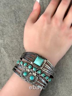 Vintage Native American Navajo Turquoise SQUARE Sterling silver Bracelet Cuff