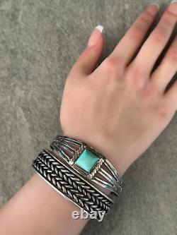 Vintage Native American Navajo Turquoise SQUARE Sterling silver Bracelet Cuff