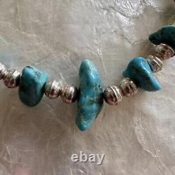 Vintage Native American Navajo Turquoise Silver Bench Bead Necklace