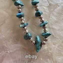 Vintage Native American Navajo Turquoise Silver Bench Bead Necklace
